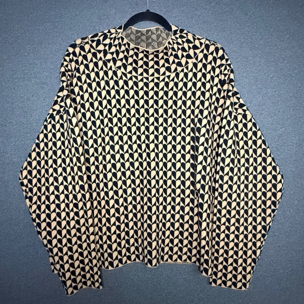 Maeve Anthropologie Tan Black Geometric Heart Mock Neck Oversized Sweater XL